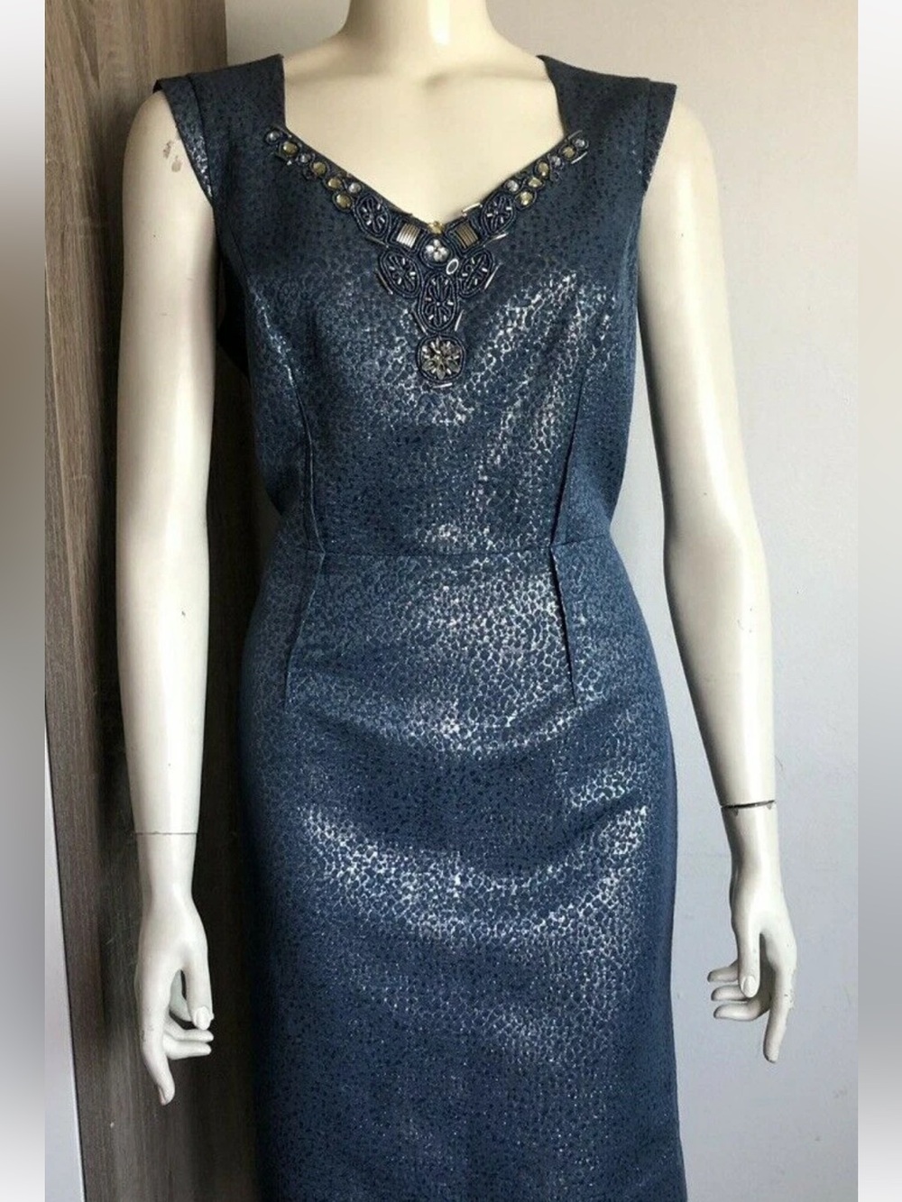 Sleeveless Metallic Tahari Sheath Dress with Embellished V-Neck